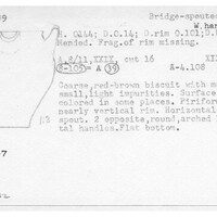 Index card with typed and handwritten information, sometimes including a sketch, of pottery from an excavation.