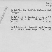 Index card with typed and handwritten information, sometimes including a sketch, of pottery from an excavation.
