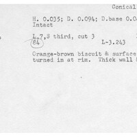 Index card with typed and handwritten information, sometimes including a sketch, of pottery from an excavation.