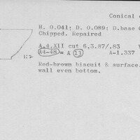 Index card with typed and handwritten information, sometimes including a sketch, of pottery from an excavation.