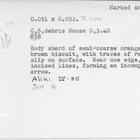 Index card with typed and handwritten information, sometimes including a sketch, of pottery from an excavation.