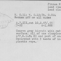 Index card with typed and handwritten information, sometimes including a sketch, of pottery from an excavation.