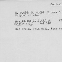 Index card with typed and handwritten information, sometimes including a sketch, of pottery from an excavation.