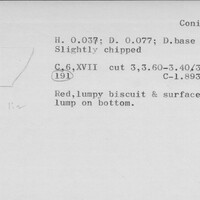 Index card with typed and handwritten information, sometimes including a sketch, of pottery from an excavation.
