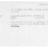 Index card with typed and handwritten information, sometimes including a sketch, of pottery from an excavation.