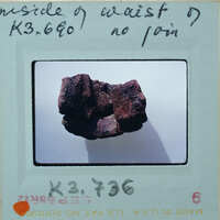 A close-up photo of a rock with a label on it, possibly from an exhibit or museum collection.