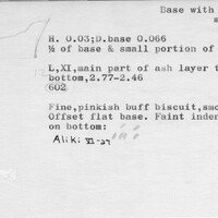 Index card with typed and handwritten information, sometimes including a sketch, of pottery from an excavation.