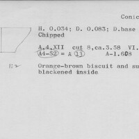 Index card with typed and handwritten information, sometimes including a sketch, of pottery from an excavation.