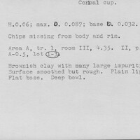 Index card with typed and handwritten information, sometimes including a sketch, of pottery from an excavation.