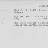Index card with typed and handwritten information, sometimes including a sketch, of pottery from an excavation.
