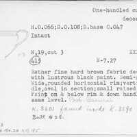 Index card with typed and handwritten information, sometimes including a sketch, of pottery from an excavation.