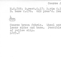 Index card with typed and handwritten information, sometimes including a sketch, of pottery from an excavation.