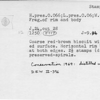 Index card with typed and handwritten information, sometimes including a sketch, of pottery from an excavation.