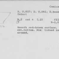 Index card with typed and handwritten information, sometimes including a sketch, of pottery from an excavation.