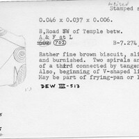 Index card with typed and handwritten information, sometimes including a sketch, of pottery from an excavation.