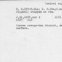 Index card with typed and handwritten information, sometimes including a sketch, of pottery from an excavation.