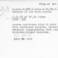 Index card with typed and handwritten information, sometimes including a sketch, of pottery from an excavation.