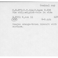 Index card with typed and handwritten information, sometimes including a sketch, of pottery from an excavation.