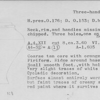 Index card with typed and handwritten information, sometimes including a sketch, of pottery from an excavation.