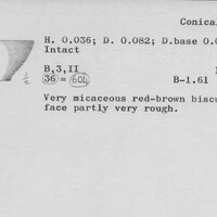 Index card with typed and handwritten information, sometimes including a sketch, of pottery from an excavation.