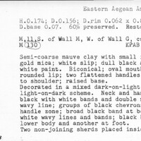 Index card with typed and handwritten information, sometimes including a sketch, of pottery from an excavation.
