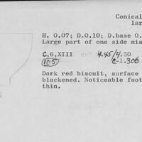 Index card with typed and handwritten information, sometimes including a sketch, of pottery from an excavation.