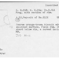 Index card with typed and handwritten information, sometimes including a sketch, of pottery from an excavation.