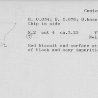Index card with typed and handwritten information, sometimes including a sketch, of pottery from an excavation.