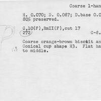 Index card with typed and handwritten information, sometimes including a sketch, of pottery from an excavation.