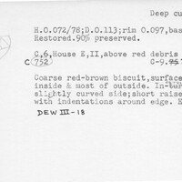 Index card with typed and handwritten information, sometimes including a sketch, of pottery from an excavation.