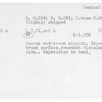 Index card with typed and handwritten information, sometimes including a sketch, of pottery from an excavation.