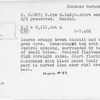 Index card with typed and handwritten information, sometimes including a sketch, of pottery from an excavation.