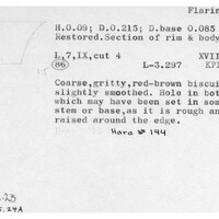 Index card with typed and handwritten information, sometimes including a sketch, of pottery from an excavation.