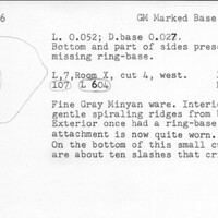 Index card with typed and handwritten information, sometimes including a sketch, of pottery from an excavation.