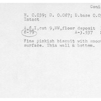 Index card with typed and handwritten information, sometimes including a sketch, of pottery from an excavation.