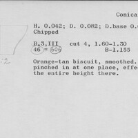 Index card with typed and handwritten information, sometimes including a sketch, of pottery from an excavation.