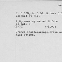 Index card with typed and handwritten information, sometimes including a sketch, of pottery from an excavation.