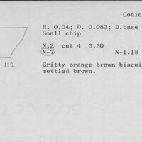 Index card with typed and handwritten information, sometimes including a sketch, of pottery from an excavation.