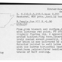 Index card with typed and handwritten information, sometimes including a sketch, of pottery from an excavation.