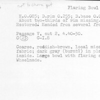 Index card with typed and handwritten information, sometimes including a sketch, of pottery from an excavation.