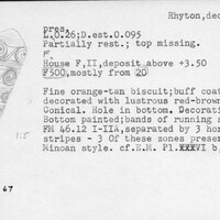 Index card with typed and handwritten information, sometimes including a sketch, of pottery from an excavation.