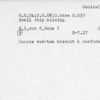 Index card with typed and handwritten information, sometimes including a sketch, of pottery from an excavation.