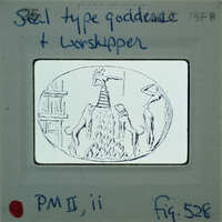 Ancient seal type with a depiction of a deity and worshipers, encased in a protective holder.