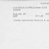 Index card with typed and handwritten information, sometimes including a sketch, of pottery from an excavation.