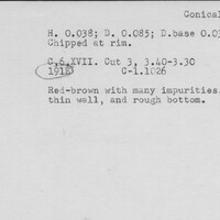 Index card with typed and handwritten information, sometimes including a sketch, of pottery from an excavation.