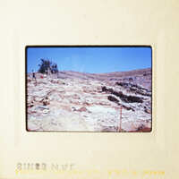 This is an image of a rocky landscape with a blue sky, taken from a low angle.