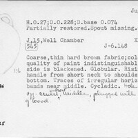 Index card with typed and handwritten information, sometimes including a sketch, of pottery from an excavation.