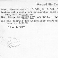 Index card with typed and handwritten information, sometimes including a sketch, of pottery from an excavation.