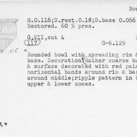 Index card with typed and handwritten information, sometimes including a sketch, of pottery from an excavation.