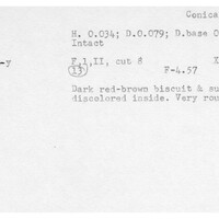Index card with typed and handwritten information, sometimes including a sketch, of pottery from an excavation.